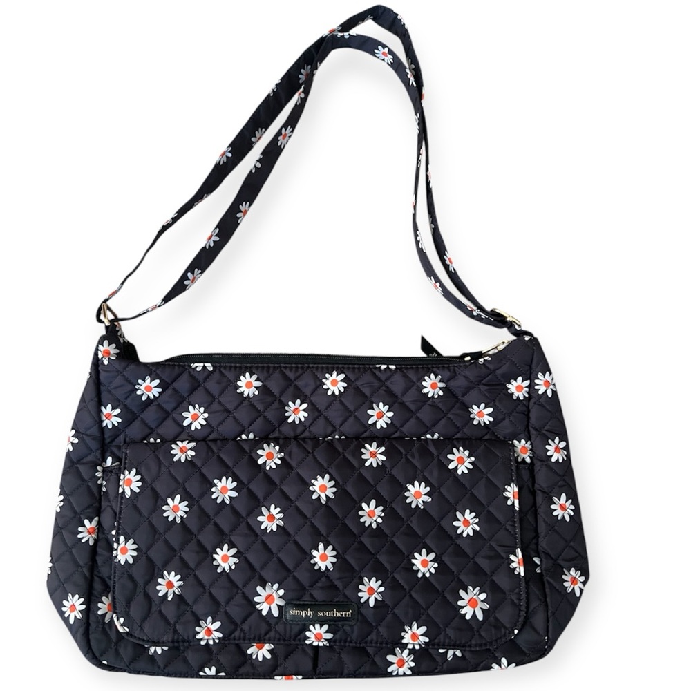 Simply Southern Black Quilted Daisy Crossbody Hobo Shoulder Bag Puffer